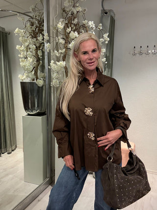 Bruine Oversized Blouse Gouden Bloem Knopen