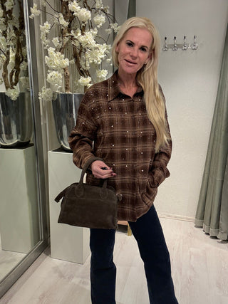 Ruit Blouse Met Strass Steentjes Bruin