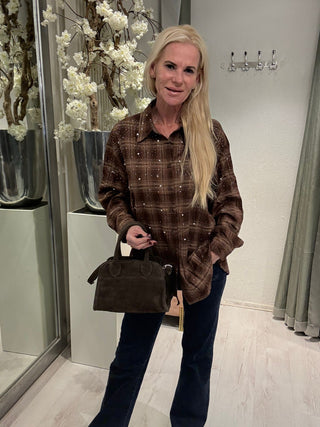 Ruit Blouse Met Strass Steentjes Bruin