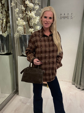 Ruit Blouse Met Strass Steentjes Bruin