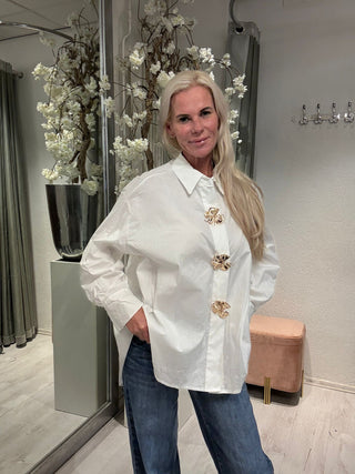 Witte Oversized Blouse Gouden Bloem Knopen